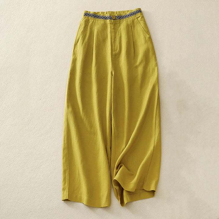 Pantalon pour femme en coton et lin élastique avec poches et boutons sur le devant et au dos, couleur unie , Buddha Stones