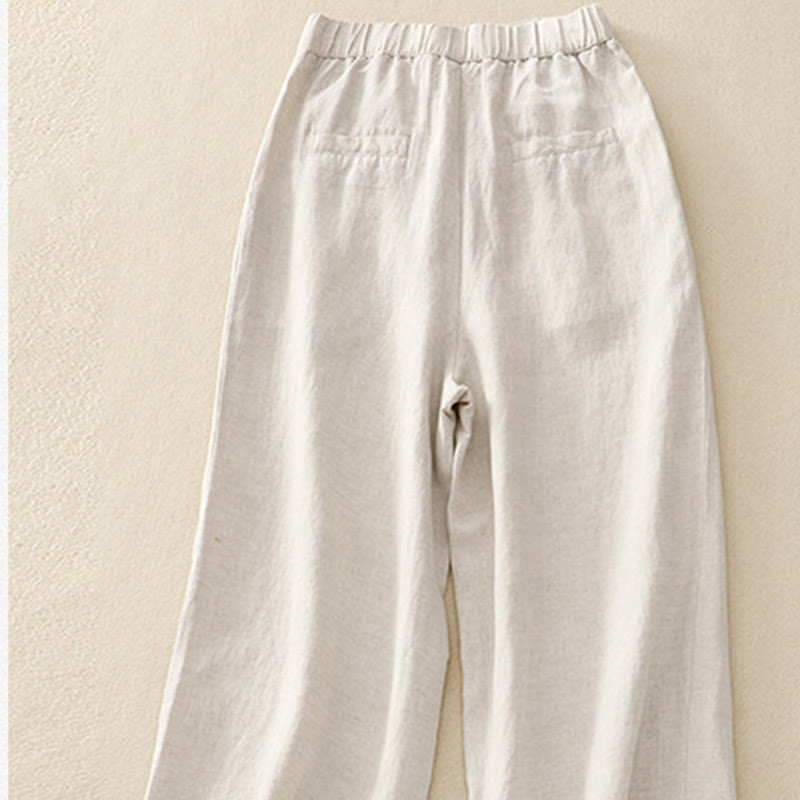 Pantalon pour femme en coton et lin élastique avec poches et boutons sur le devant et au dos, couleur unie , Buddha Stones