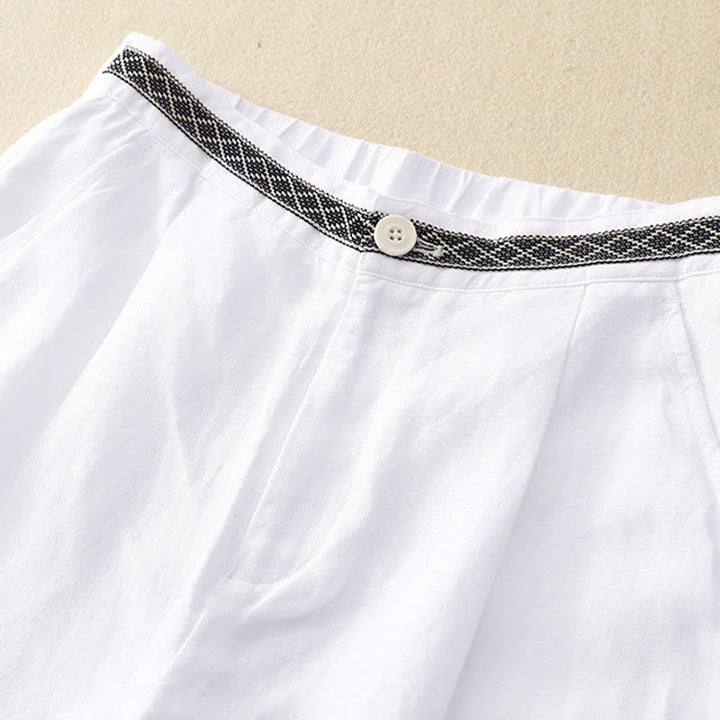 Pantalon pour femme en coton et lin élastique avec poches et boutons sur le devant et au dos, couleur unie , Buddha Stones
