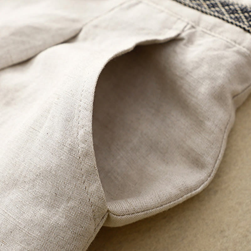 Pantalon pour femme en coton et lin élastique avec poches et boutons sur le devant et au dos, couleur unie , Buddha Stones