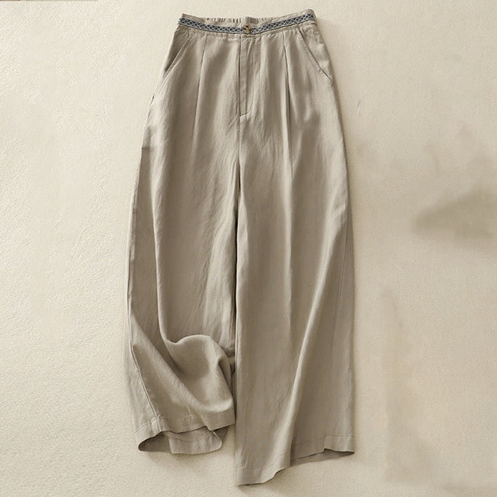 Pantalon pour femme en coton et lin élastique avec poches et boutons sur le devant et au dos, couleur unie , Buddha Stones