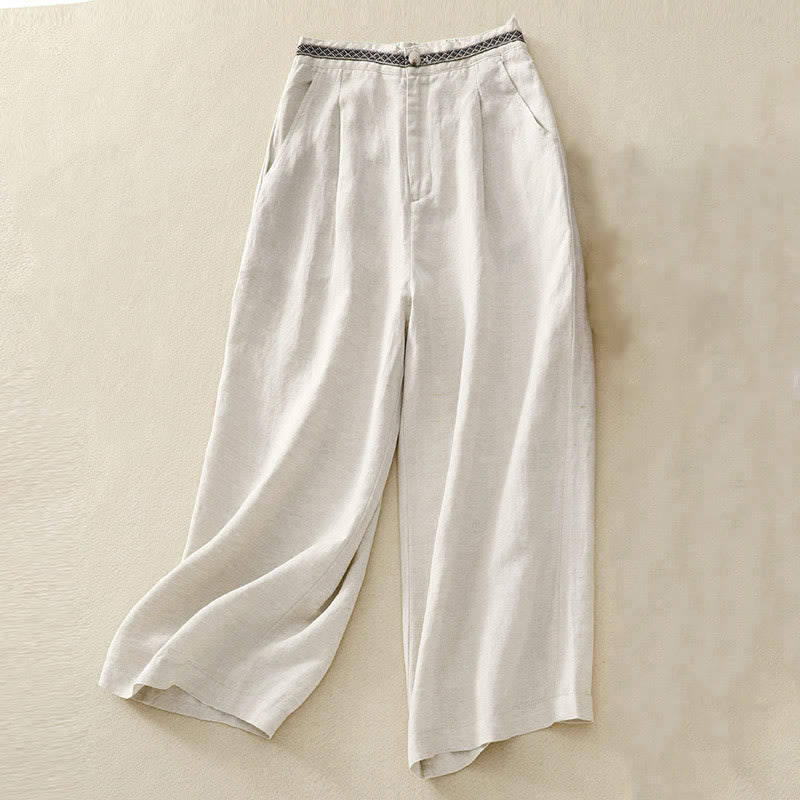 Pantalon pour femme en coton et lin élastique avec poches et boutons sur le devant et au dos, couleur unie , Buddha Stones - Beige - US8-10，UK/AU12-14，EU40-42 (2XL) - image 0