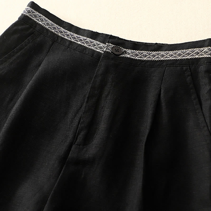 Pantalon pour femme en coton et lin élastique avec poches et boutons sur le devant et au dos, couleur unie , Buddha Stones