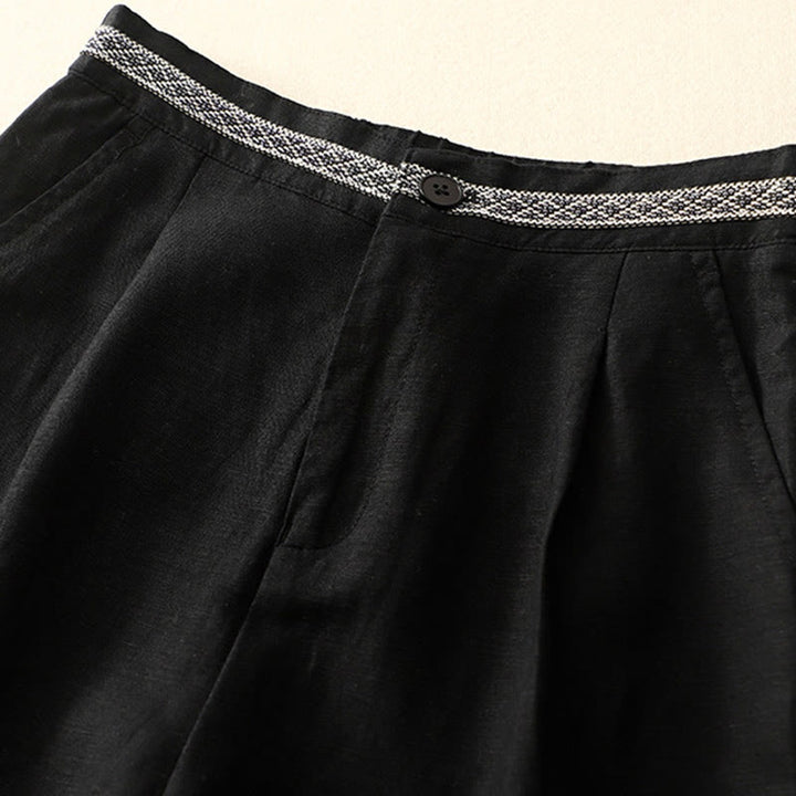 Pantalon pour femme en coton et lin élastique avec poches et boutons sur le devant et au dos, couleur unie , Buddha Stones