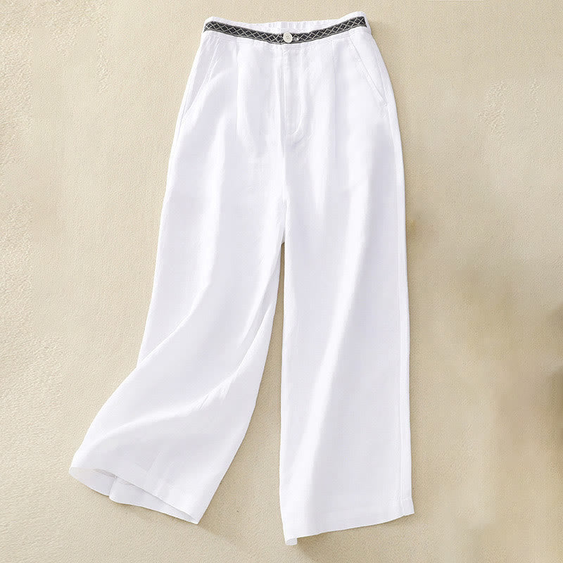 Pantalon pour femme en coton et lin élastique avec poches et boutons sur le devant et au dos, couleur unie , Buddha Stones