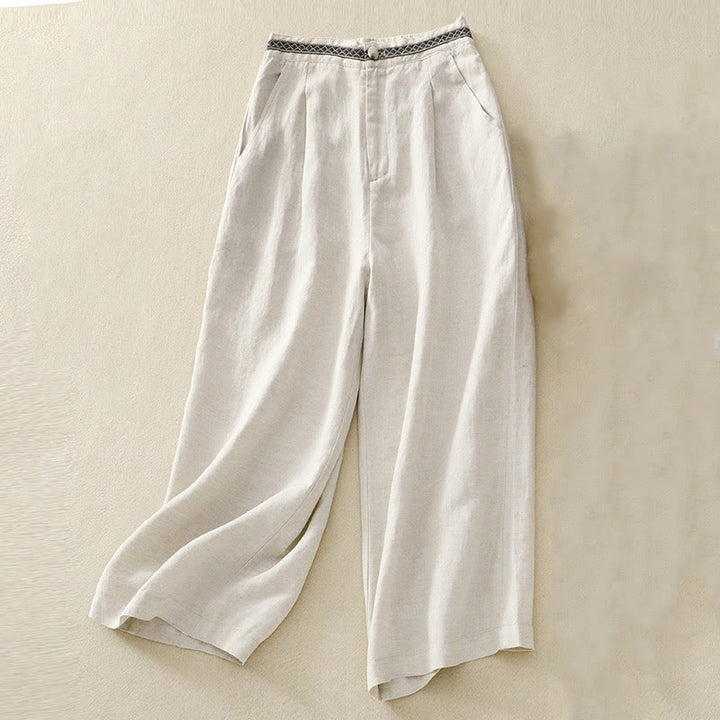 Pantalon pour femme en coton et lin élastique avec poches et boutons sur le devant et au dos, couleur unie , Buddha Stones - Beige - US8-10，UK/AU12-14，EU40-42 (2XL) - image 0