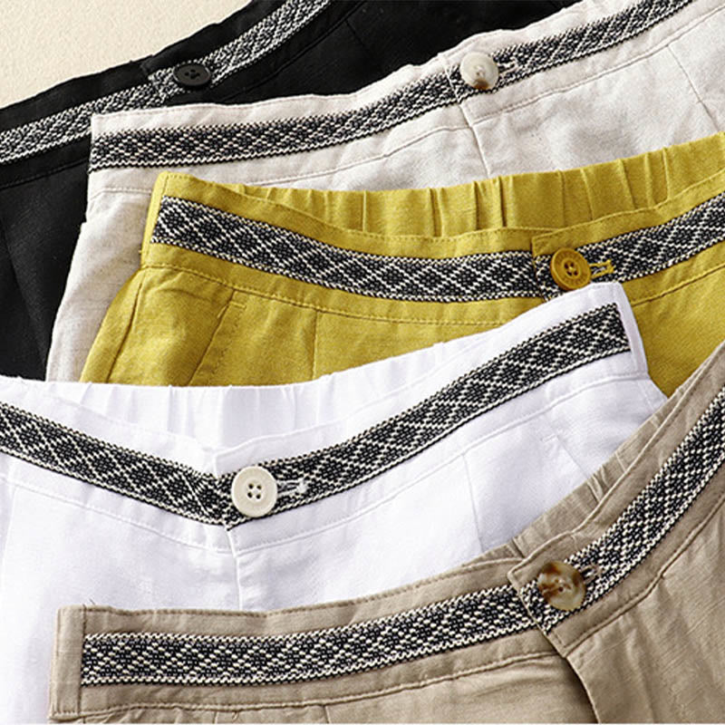 Pantalon pour femme en coton et lin élastique avec poches et boutons sur le devant et au dos, couleur unie , Buddha Stones - image 2