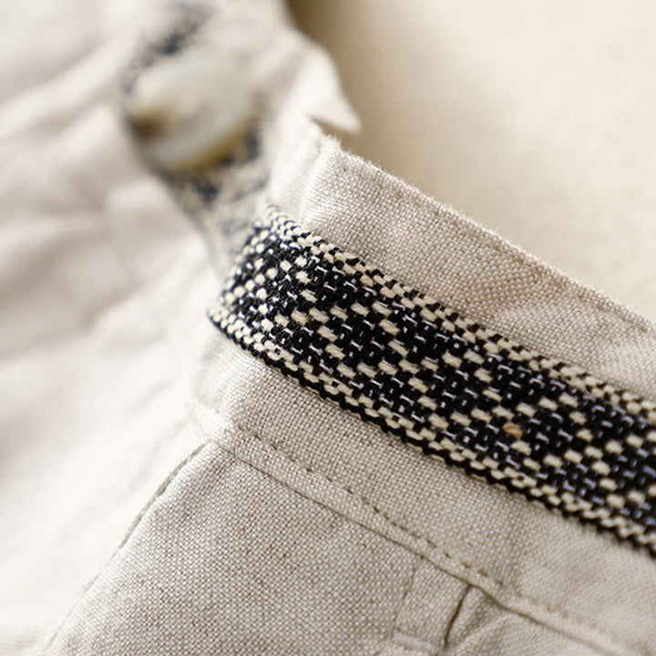 Pantalon pour femme en coton et lin élastique avec poches et boutons sur le devant et au dos, couleur unie , Buddha Stones