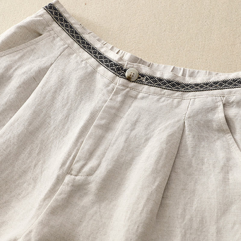 Pantalon pour femme en coton et lin élastique avec poches et boutons sur le devant et au dos, couleur unie , Buddha Stones