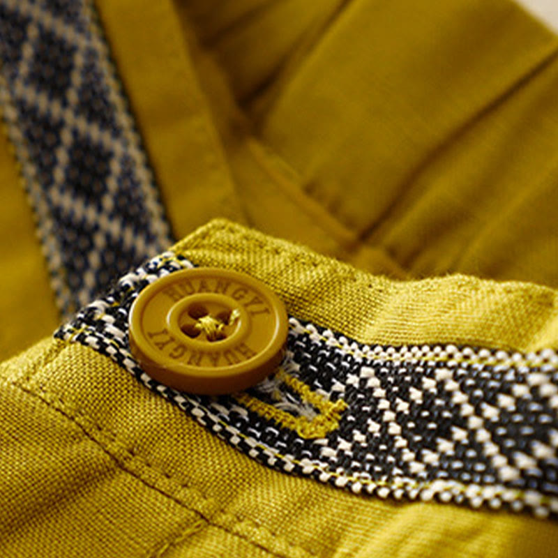 Pantalon pour femme en coton et lin élastique avec poches et boutons sur le devant et au dos, couleur unie , Buddha Stones