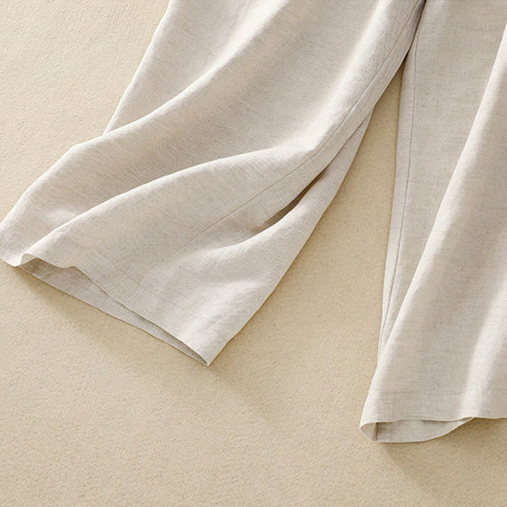 Pantalon pour femme en coton et lin élastique avec poches et boutons sur le devant et au dos, couleur unie , Buddha Stones