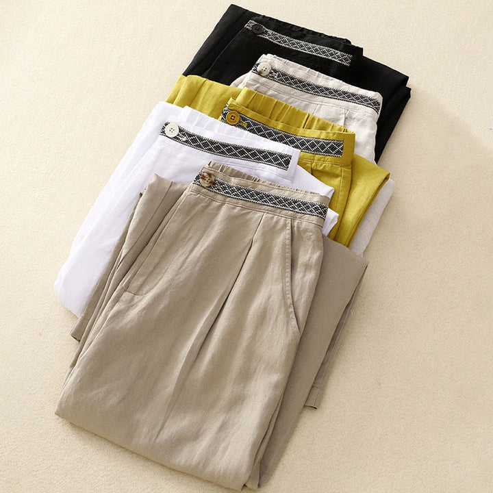 Pantalon pour femme en coton et lin élastique avec poches et boutons sur le devant et au dos, couleur unie , Buddha Stones - image 1