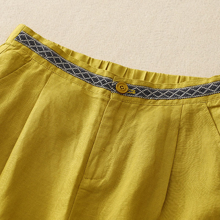 Pantalon pour femme en coton et lin élastique avec poches et boutons sur le devant et au dos, couleur unie , Buddha Stones