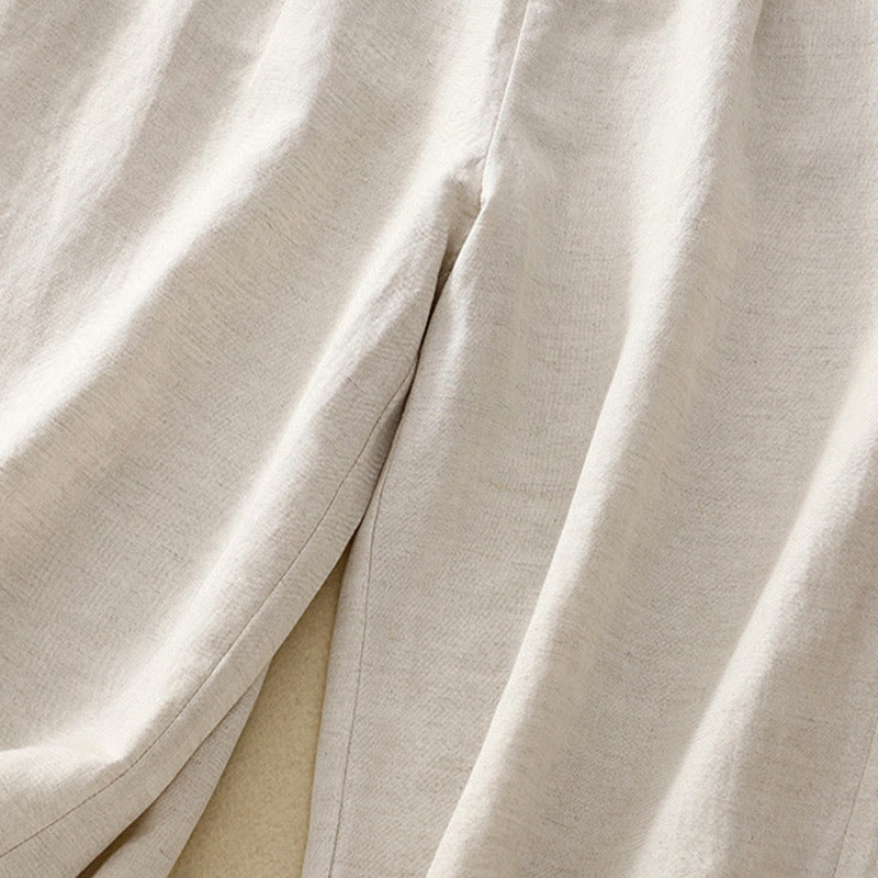 Pantalon pour femme en coton et lin élastique avec poches et boutons sur le devant et au dos, couleur unie , Buddha Stones