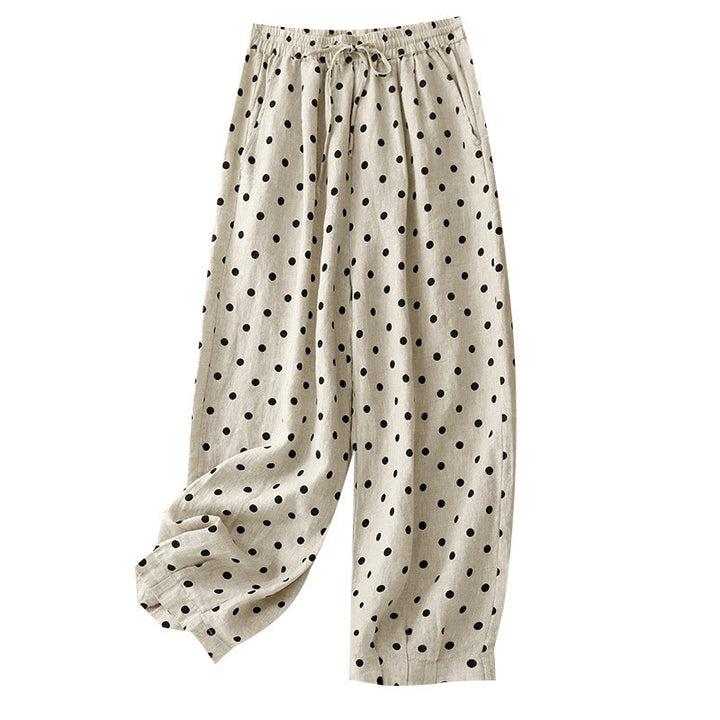 Pantalon décontracté en coton et lin à pois noirs avec cordon de serrage et poches pour femme Buddha Stones - image 13