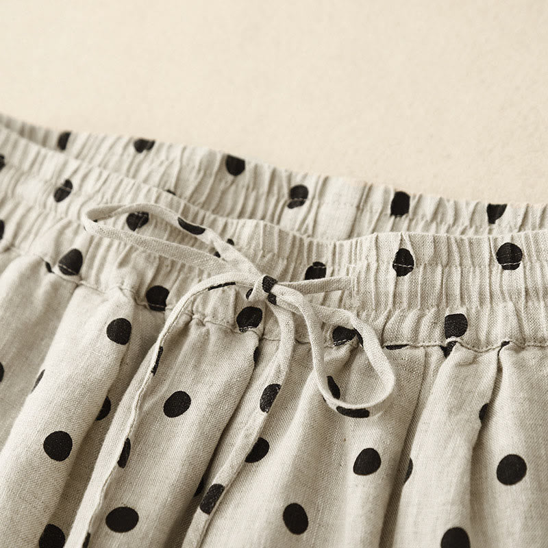 Pantalon décontracté en coton et lin à pois noirs avec cordon de serrage et poches pour femme Buddha Stones - image 3