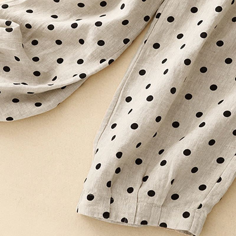 Pantalon décontracté en coton et lin à pois noirs avec cordon de serrage et poches pour femme Buddha Stones - image 12