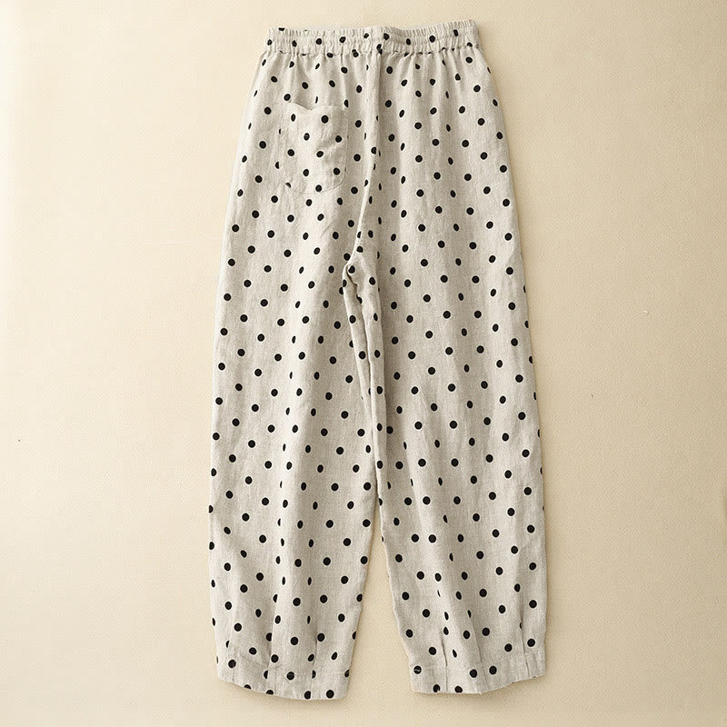 Pantalon décontracté en coton et lin à pois noirs avec cordon de serrage et poches pour femme Buddha Stones - image 1