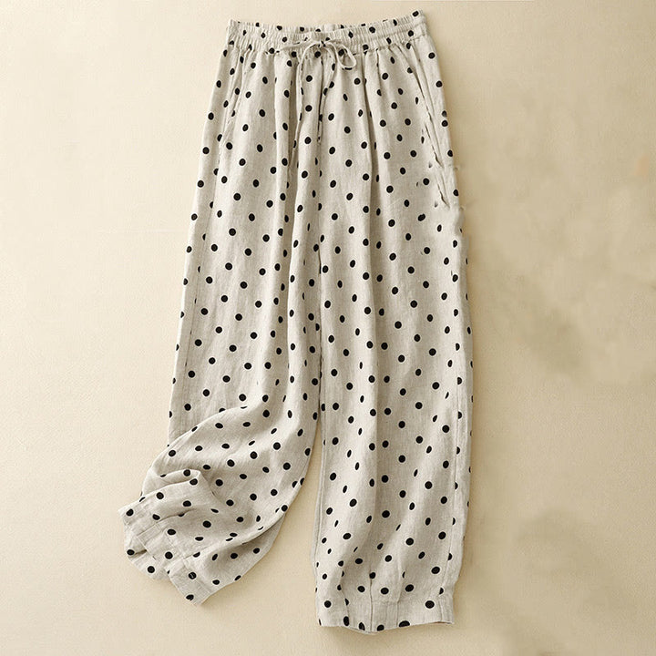 Pantalon décontracté en coton et lin à pois noirs avec cordon de serrage et poches pour femme Buddha Stones