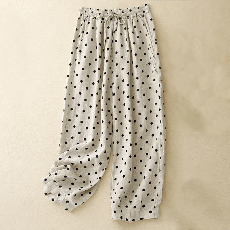 Pantalon décontracté en coton et lin à pois noirs avec cordon de serrage et poches pour femme Buddha Stones - Beige - US8-10，UK/AU12-14，EU40-42 (2XL) - image 0