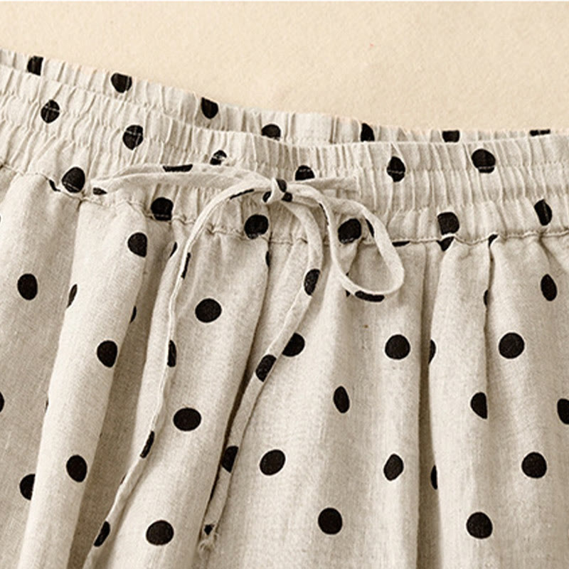 Pantalon décontracté en coton et lin à pois noirs avec cordon de serrage et poches pour femme Buddha Stones