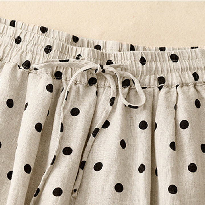 Pantalon décontracté en coton et lin à pois noirs avec cordon de serrage et poches pour femme Buddha Stones