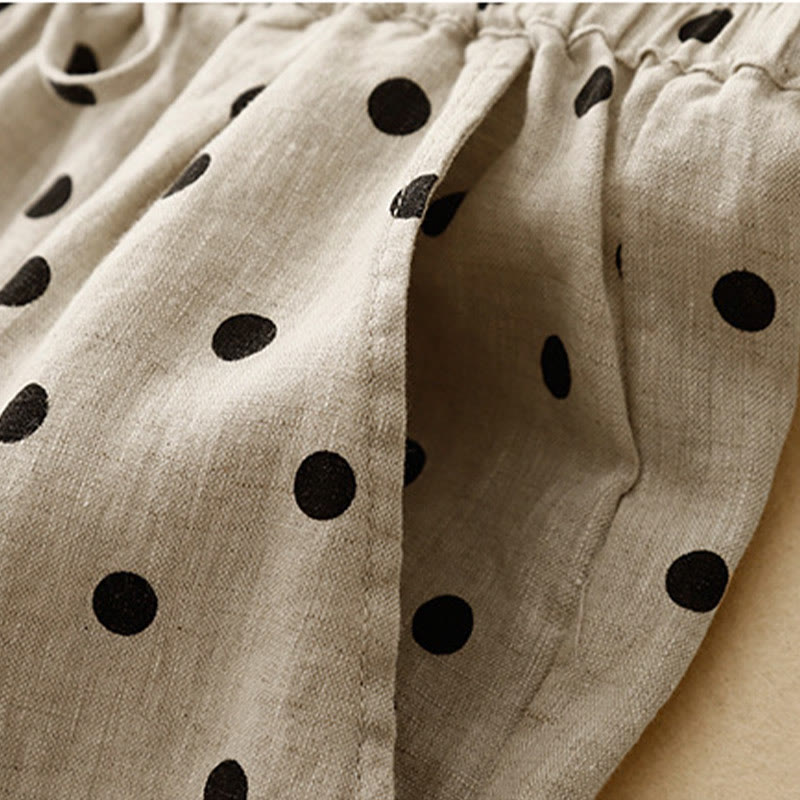 Pantalon décontracté en coton et lin à pois noirs avec cordon de serrage et poches pour femme Buddha Stones - image 7