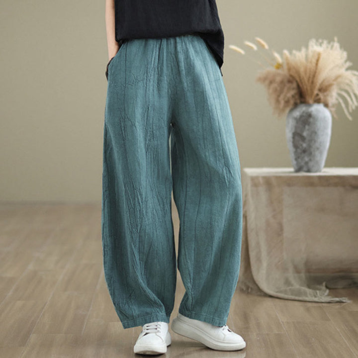 Pantalon pour femme en coton et lin avec poches et ceinture élastique à motif froissé de couleur unie Buddha Stones