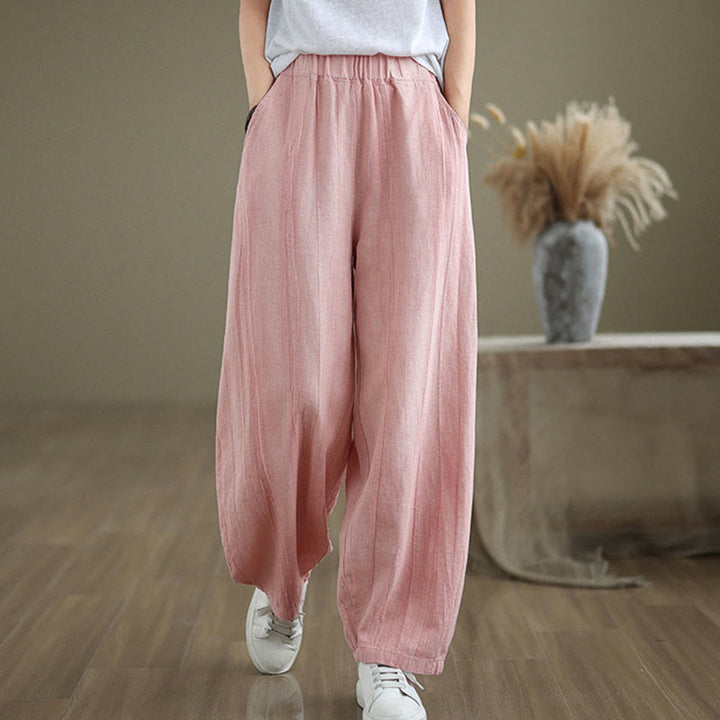 Pantalon pour femme en coton et lin avec poches et ceinture élastique à motif froissé de couleur unie Buddha Stones