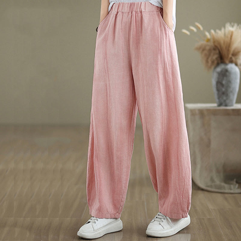 Pantalon pour femme en coton et lin avec poches et ceinture élastique à motif froissé de couleur unie Buddha Stones