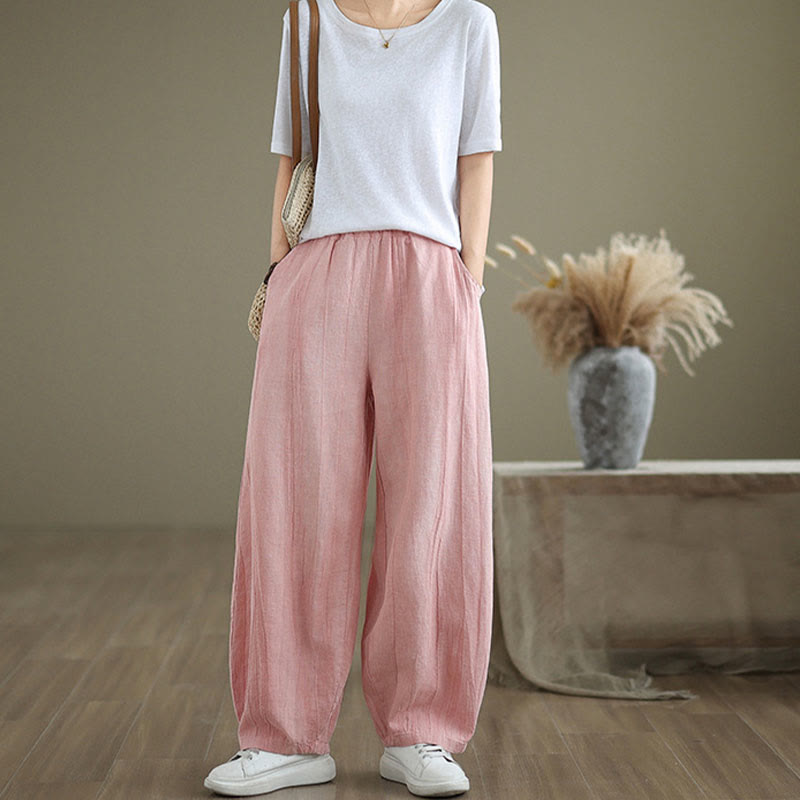 Pantalon pour femme en coton et lin avec poches et ceinture élastique à motif froissé de couleur unie Buddha Stones