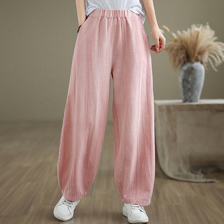 Pantalon pour femme en coton et lin avec poches et ceinture élastique à motif froissé de couleur unie Buddha Stones