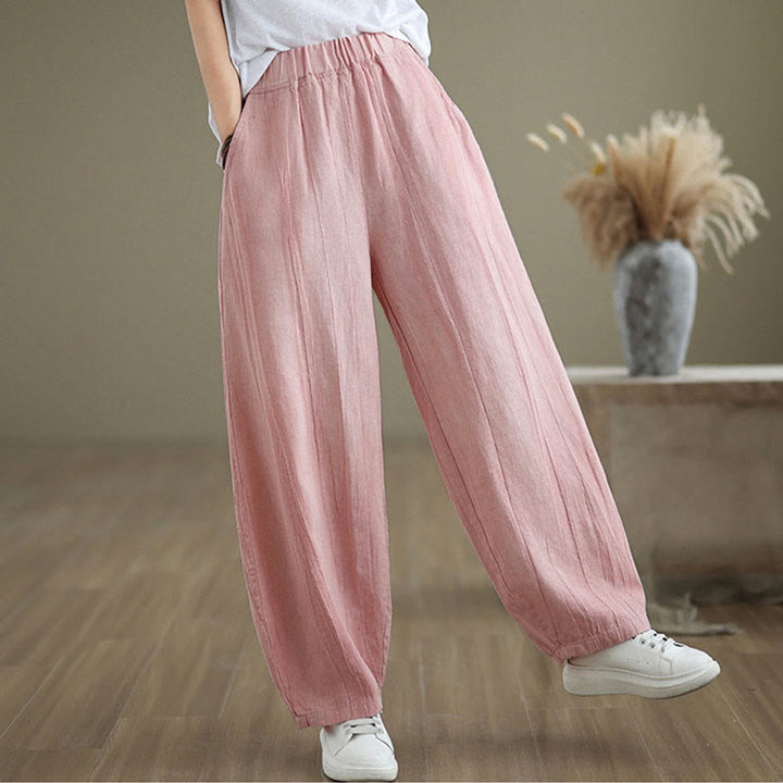 Pantalon pour femme en coton et lin avec poches et ceinture élastique à motif froissé de couleur unie Buddha Stones