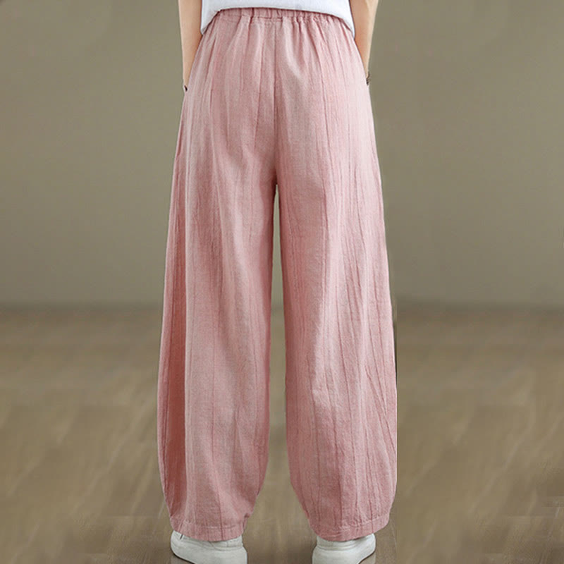 Pantalon pour femme en coton et lin avec poches et ceinture élastique à motif froissé de couleur unie Buddha Stones