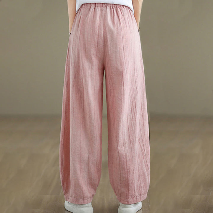 Pantalon pour femme en coton et lin avec poches et ceinture élastique à motif froissé de couleur unie Buddha Stones