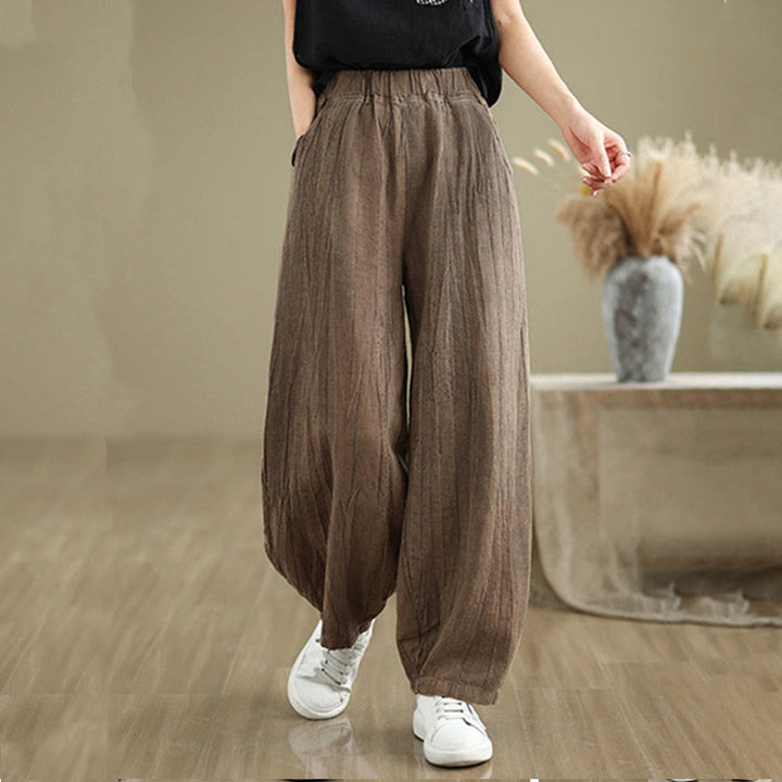 Pantalon pour femme en coton et lin avec poches et ceinture élastique à motif froissé de couleur unie Buddha Stones