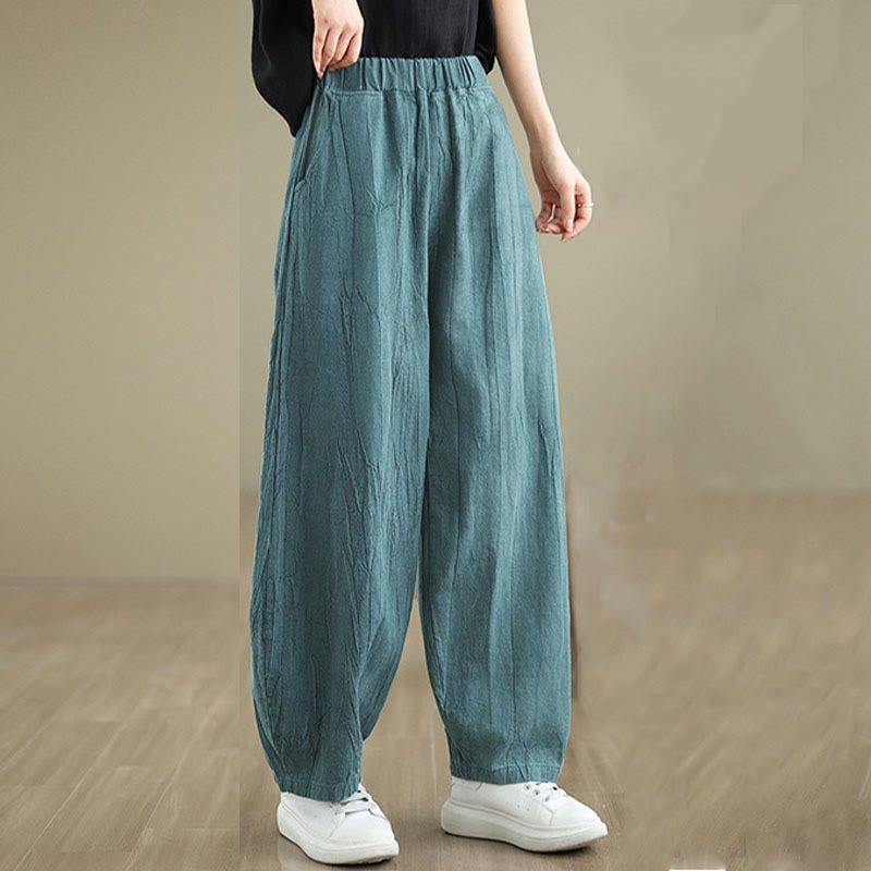 Pantalon pour femme en coton et lin avec poches et ceinture élastique à motif froissé de couleur unie Buddha Stones