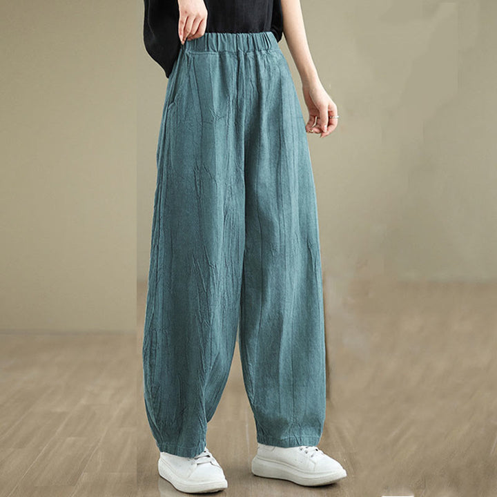 Pantalon pour femme en coton et lin avec poches et ceinture élastique à motif froissé de couleur unie Buddha Stones