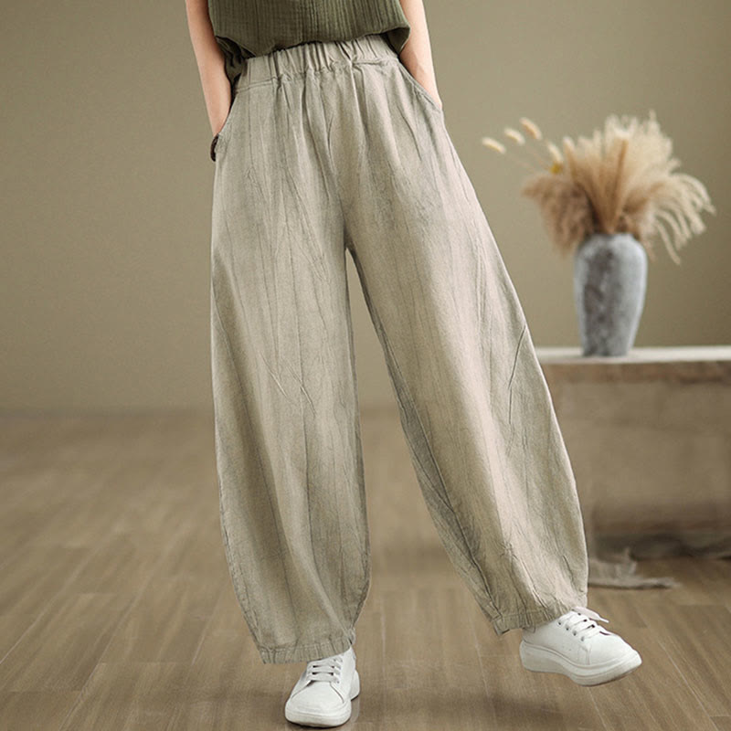 Pantalon pour femme en coton et lin avec poches et ceinture élastique à motif froissé de couleur unie Buddha Stones