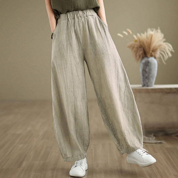 Pantalon pour femme en coton et lin avec poches et ceinture élastique à motif froissé de couleur unie Buddha Stones