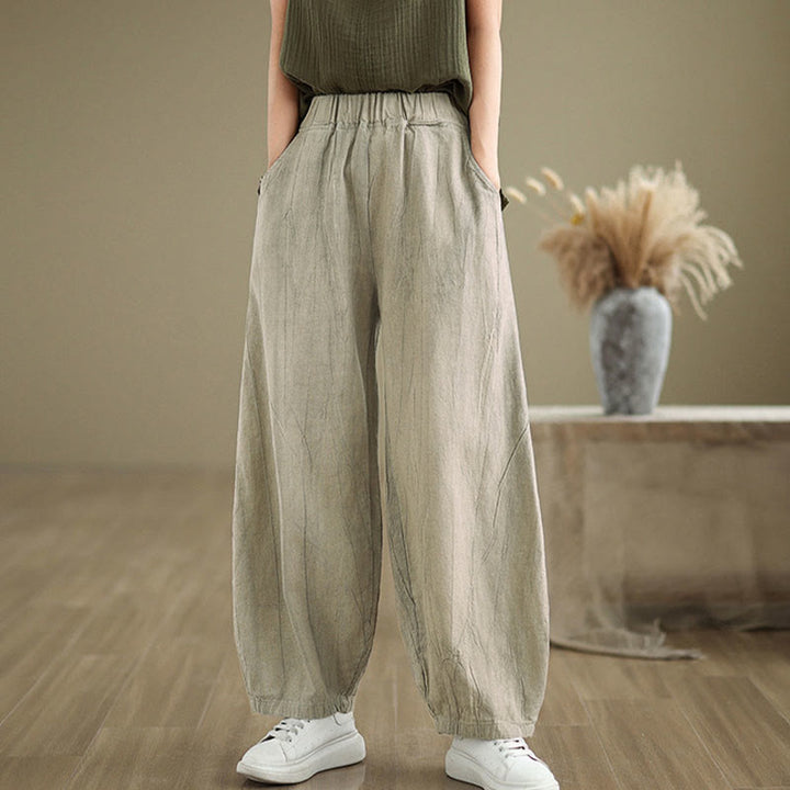 Pantalon pour femme en coton et lin avec poches et ceinture élastique à motif froissé de couleur unie Buddha Stones