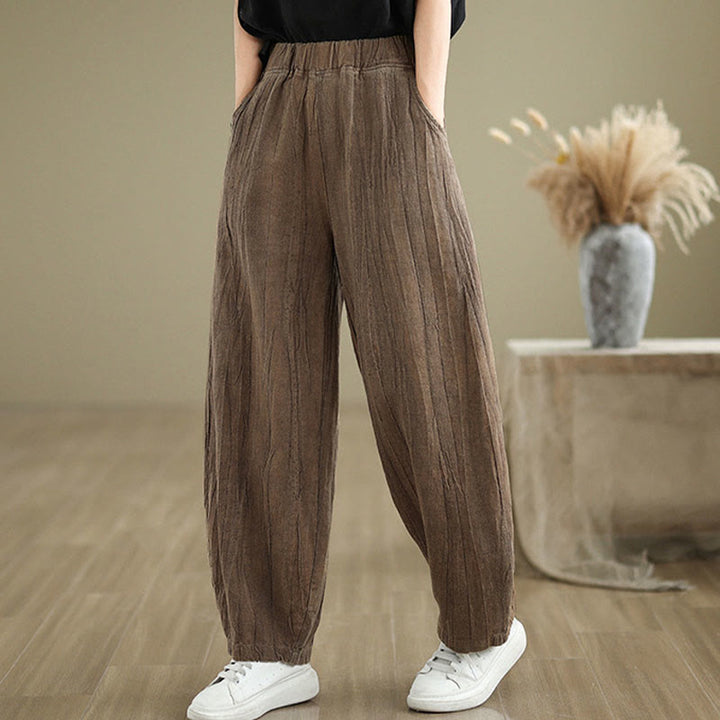 Pantalon pour femme en coton et lin avec poches et ceinture élastique à motif froissé de couleur unie Buddha Stones