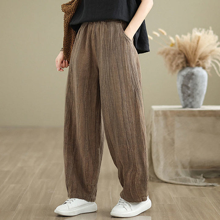 Pantalon pour femme en coton et lin avec poches et ceinture élastique à motif froissé de couleur unie Buddha Stones