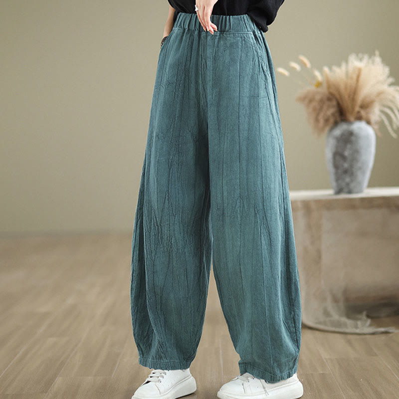 Pantalon pour femme en coton et lin avec poches et ceinture élastique à motif froissé de couleur unie Buddha Stones