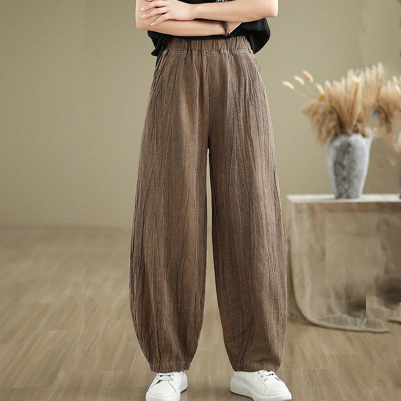 Pantalon pour femme en coton et lin avec poches et ceinture élastique à motif froissé de couleur unie Buddha Stones