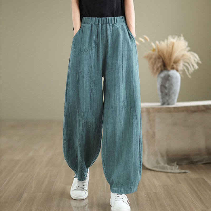 Pantalon pour femme en coton et lin avec poches et ceinture élastique à motif froissé de couleur unie Buddha Stones