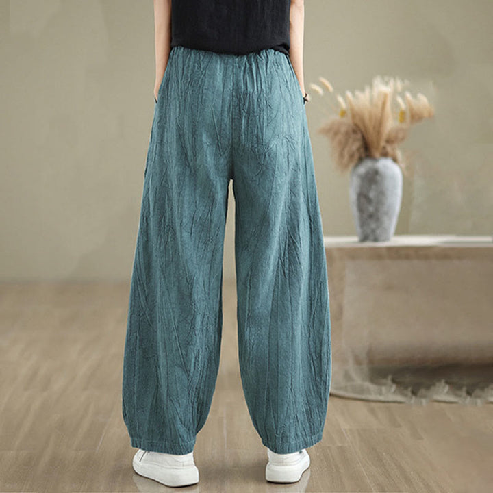 Pantalon pour femme en coton et lin avec poches et ceinture élastique à motif froissé de couleur unie Buddha Stones