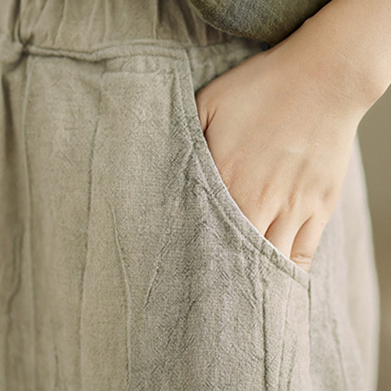 Pantalon pour femme en coton et lin avec poches et ceinture élastique à motif froissé de couleur unie Buddha Stones
