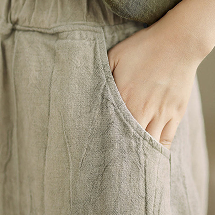 Pantalon pour femme en coton et lin avec poches et ceinture élastique à motif froissé de couleur unie Buddha Stones