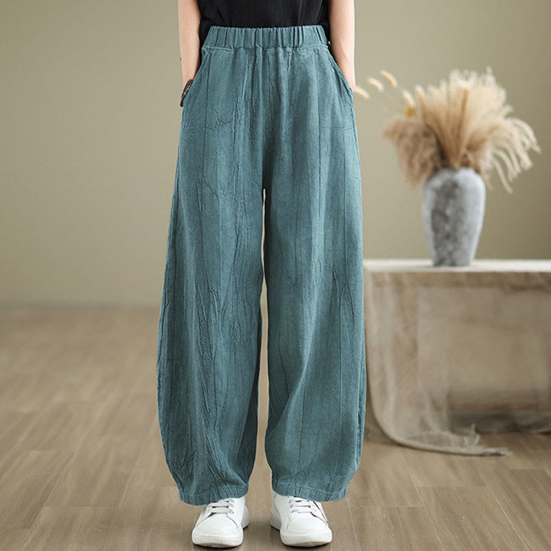 Pantalon pour femme en coton et lin avec poches et ceinture élastique à motif froissé de couleur unie Buddha Stones